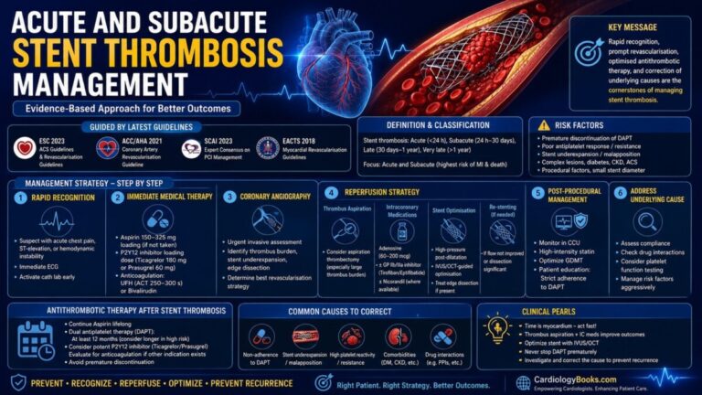 Stent thrombosis management infographic showing recognition, reperfusion strategy and antithrombotic therapy steps